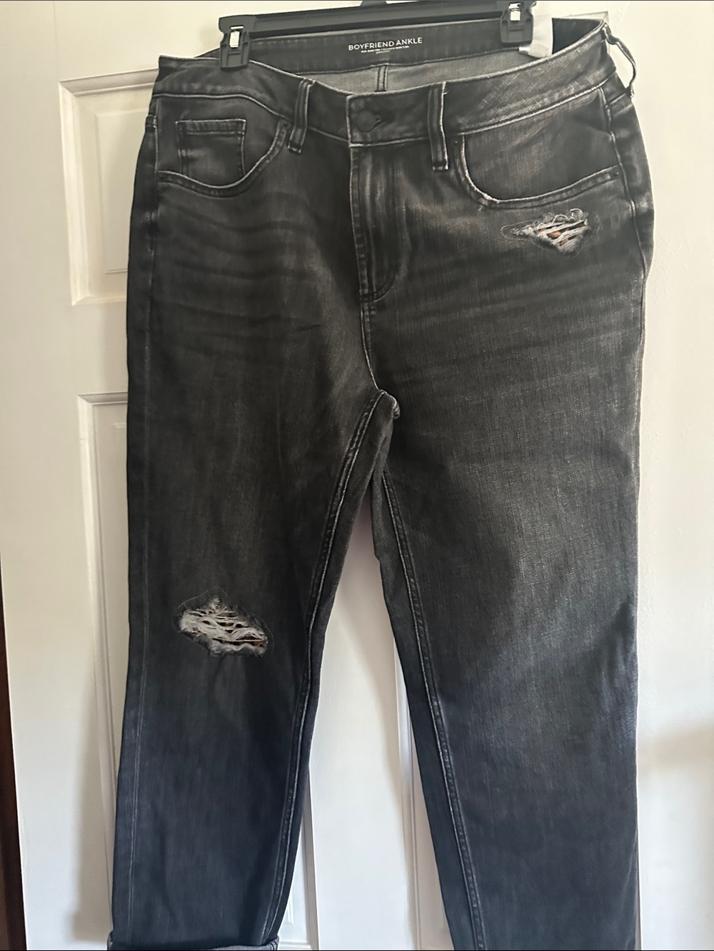 Chico's Faded Black Boyfriend Ankle Jeans with Distressed Accents
